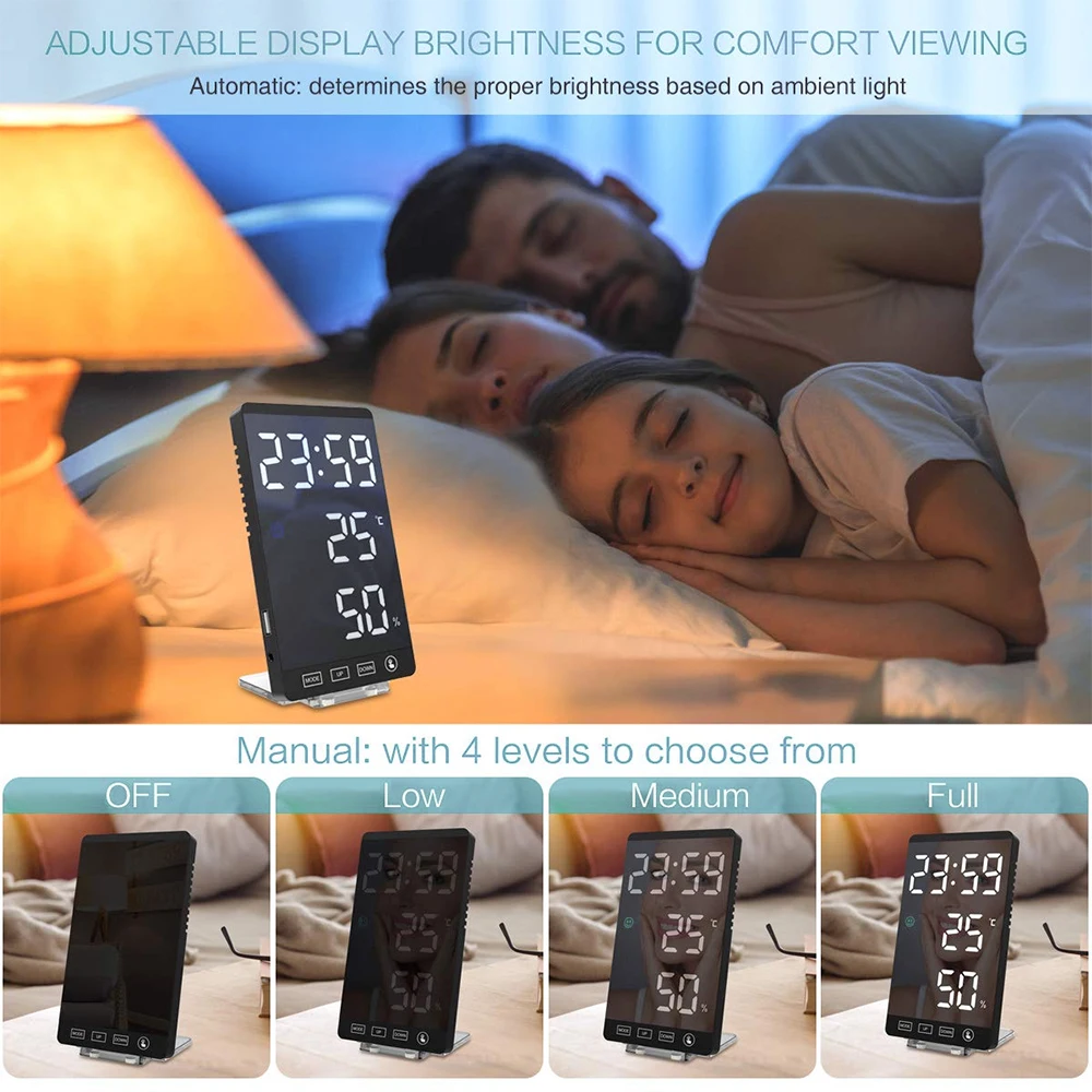 

6 Inch LED Mirror Alarm Clock Touch Button Wall Digital Clock Time Temperature Humidity Display USB Output Port Table Clock