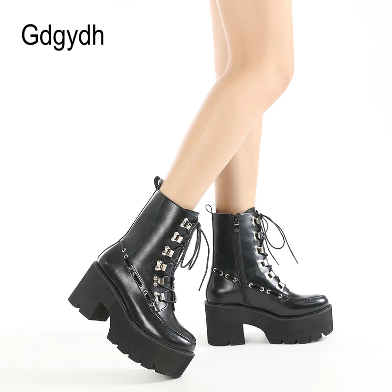 Gdgydh Vegan Leather Womens emo Boots Gothic Platform Chunky Heels Black Zipper and Lace Up Combat Boots for Women Fall Sewing