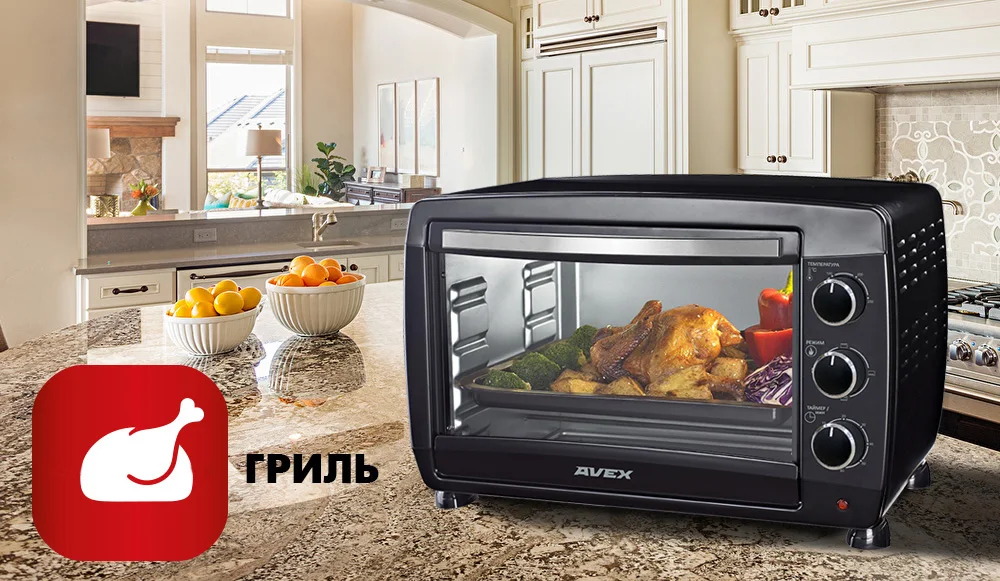 47 литров, Гриль, Мини-духовка AVEX TR 490 B, решетка, ухват, противень, мощность 2000 Вт, таймер 60 минут