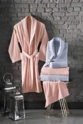 

6 Piece Cotton Family Bathrobe Set Salmon Light Blue Color Bathroom Bathing Gown