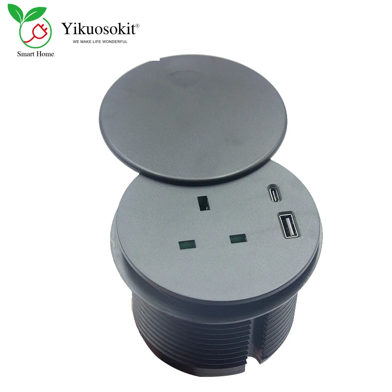 

Круглая Мини-розетка 13 а с британской вилкой и крышкой, USB(A + C), втулка для зарядки, выдвижная настольная розетка