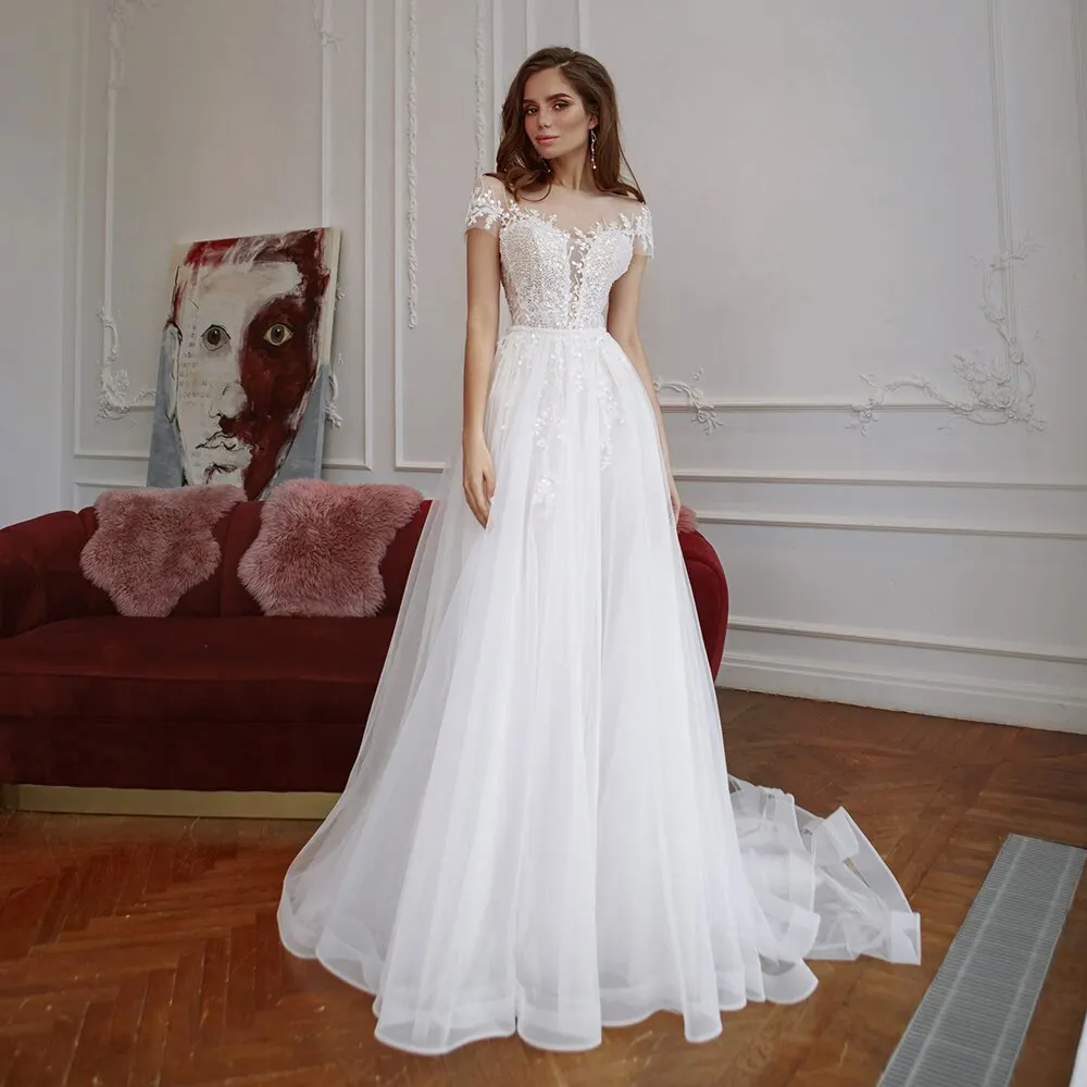 

Weilinsha Women's Floor Length Lace Tulle Wedding Dresses Short Sleeves A-Line Corset Court Train Bridal Dress with Button Back