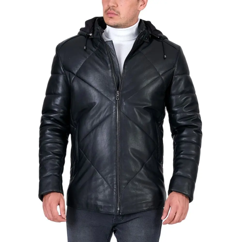 

Genuine Leather Hooded Black Zipper Coat Men's Leather
