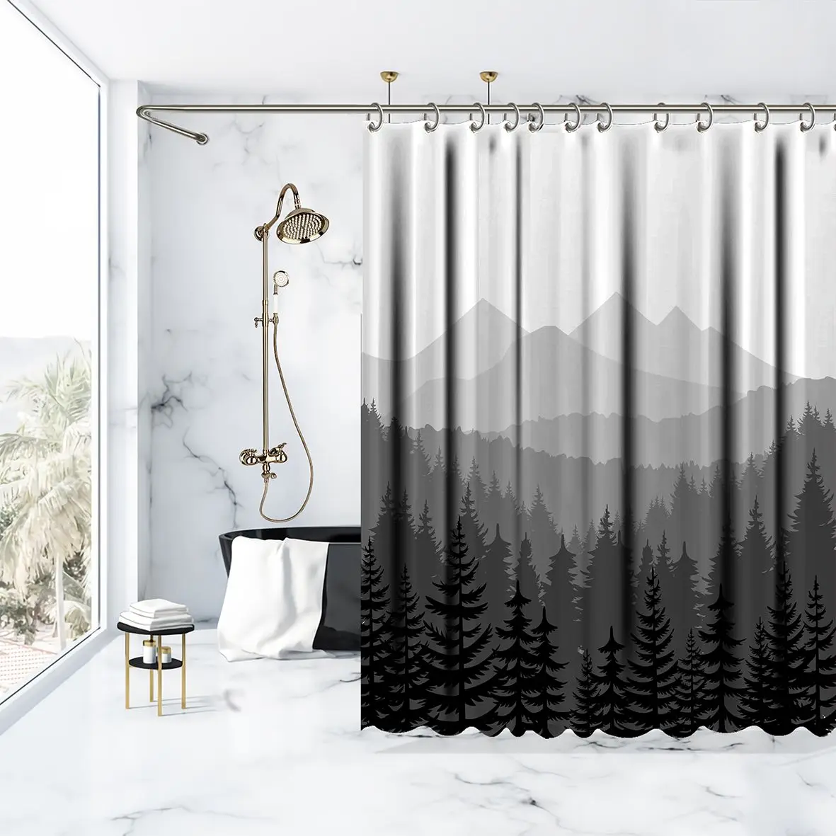 Занавески для душа горы и сосновые деревья лес Мистик утро дикая природа пейзажи