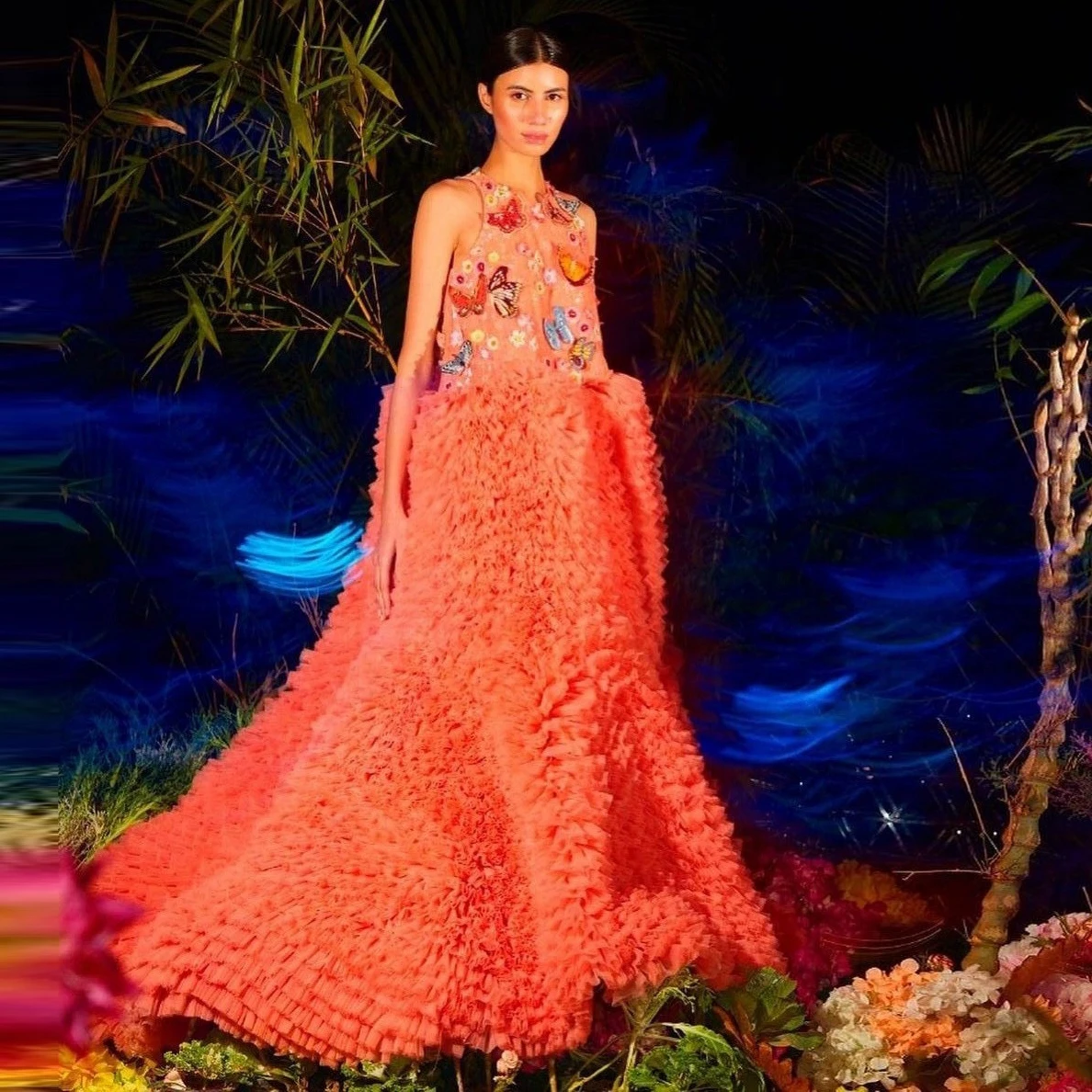 

Layered Fluffly Ball Gown Long Evening Dresses Elegant Dresses For Women Floral Dress With Butterfly Customized Long Dress Puffy
