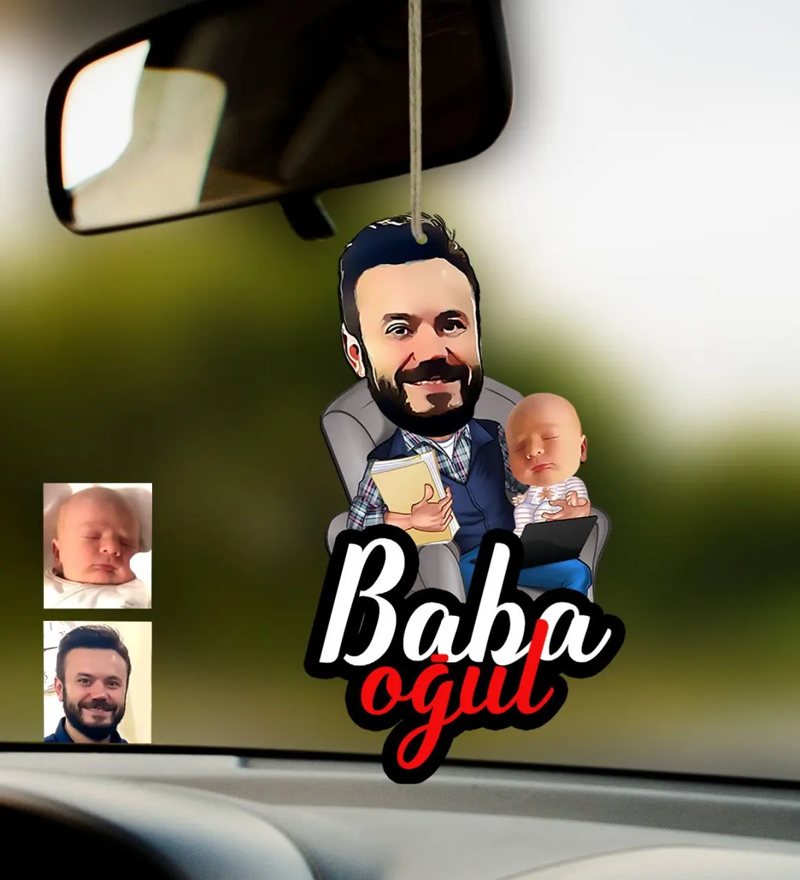 Персонализированное деревянное зеркало заднего вида Father Son с карикатурой |