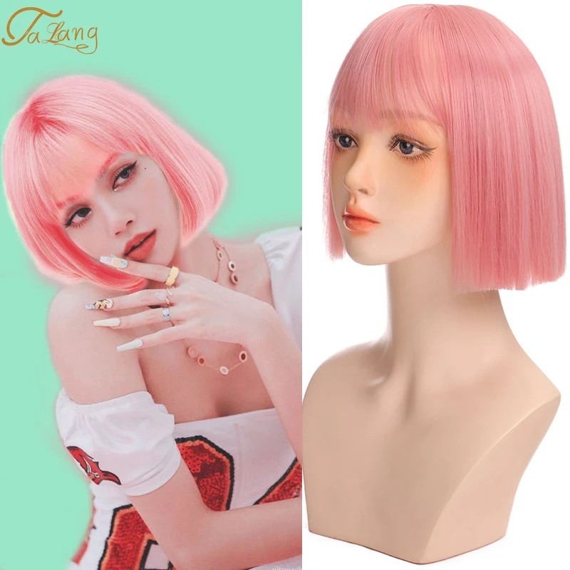 

TALANG Pink Short Bob Wig With Bangs for Women Heat Resistant Synthetic Wigs Cosplay Party Lolita Bob Hairstyles