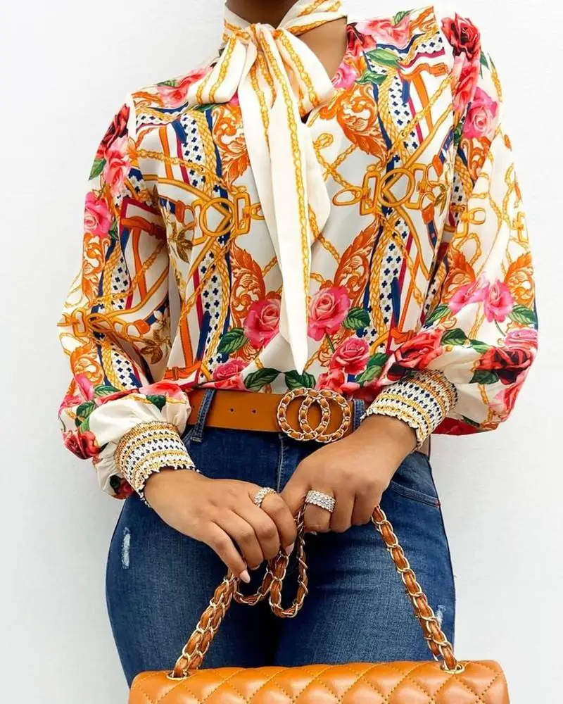 

2020 New Scarf Neck Baroque Print Lantern Sleeve Blouse Shirt Women V Neck Retro Print Elegant Ladies Shirt Fashion