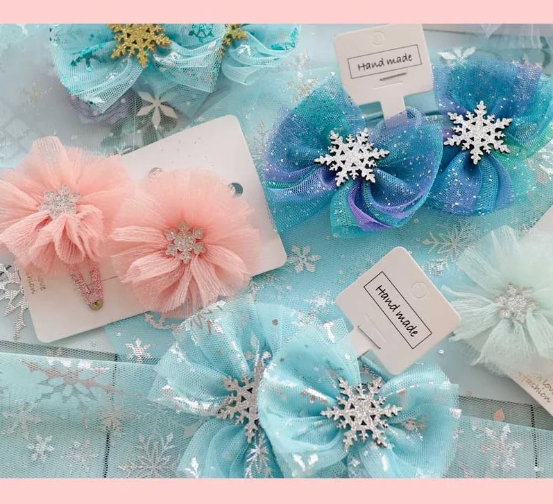 

New Year Snowflake Hair Accessories Crystal Lace Bow Hair Clips Girls Ice Net yarn Hair Rope Hairpin Christmas Decoration Gifts