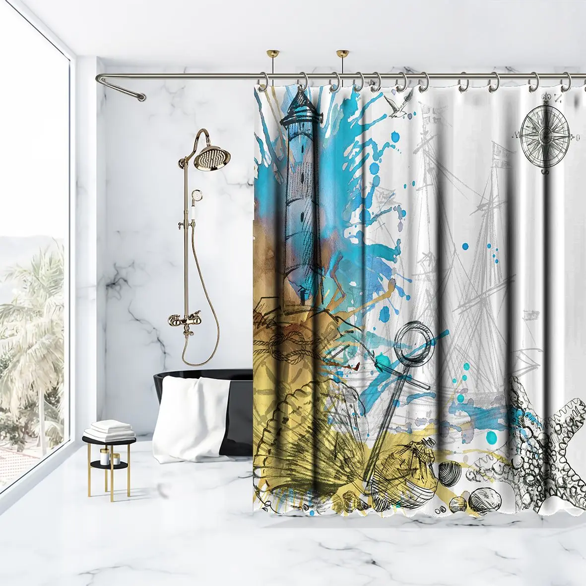 Занавеска для душа в лодках Морской Маяк Раковина Морская звезда Краска Брызги