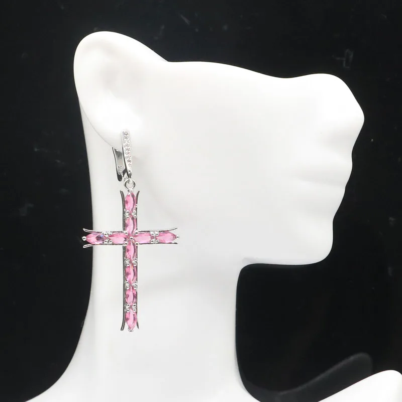 Великолепный длинный набор украшений с крестом 48x27 мм розовый турмалин для