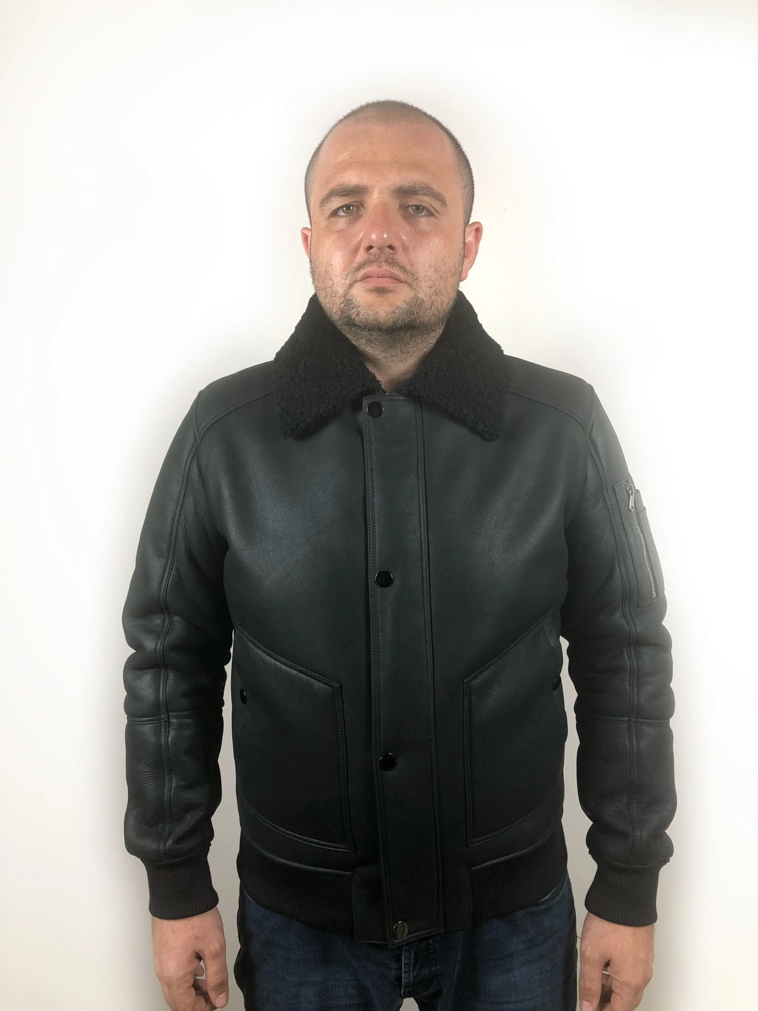 Мужская Толстая авиаторская куртка черное пальто из натуральной овчины