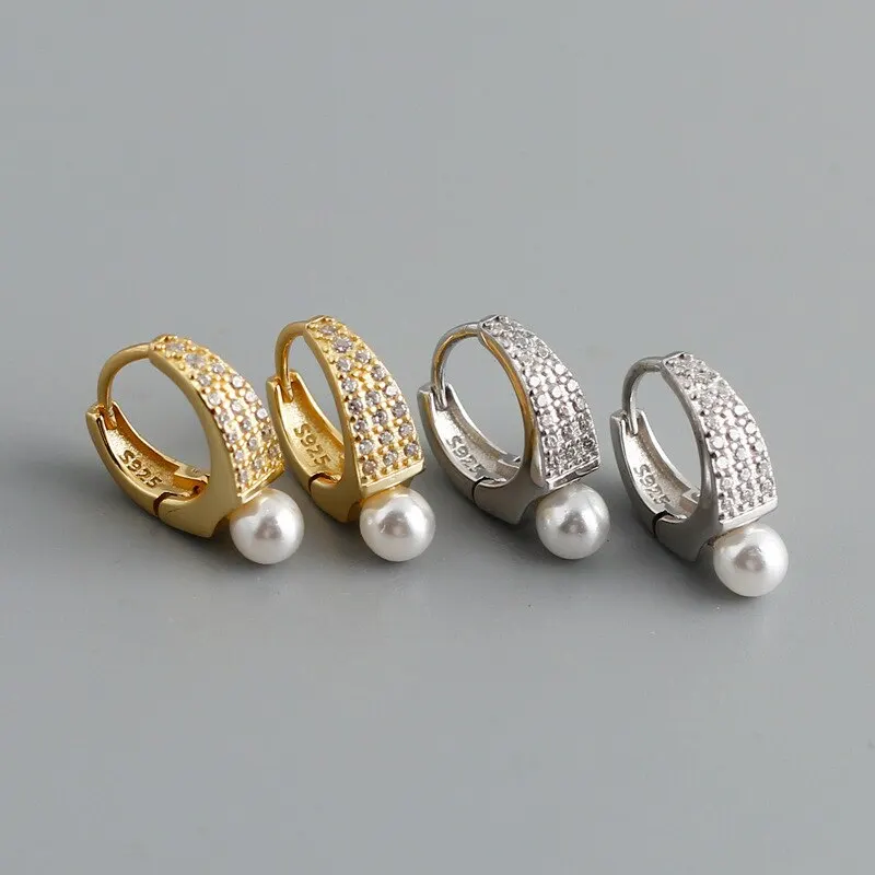 

A00695 Jazaz New Punk Luxury Pave Crystal Zircon Real 925 Sterling Silver Pearl Ear Buckle for Women Wedding Street Jewelry A
