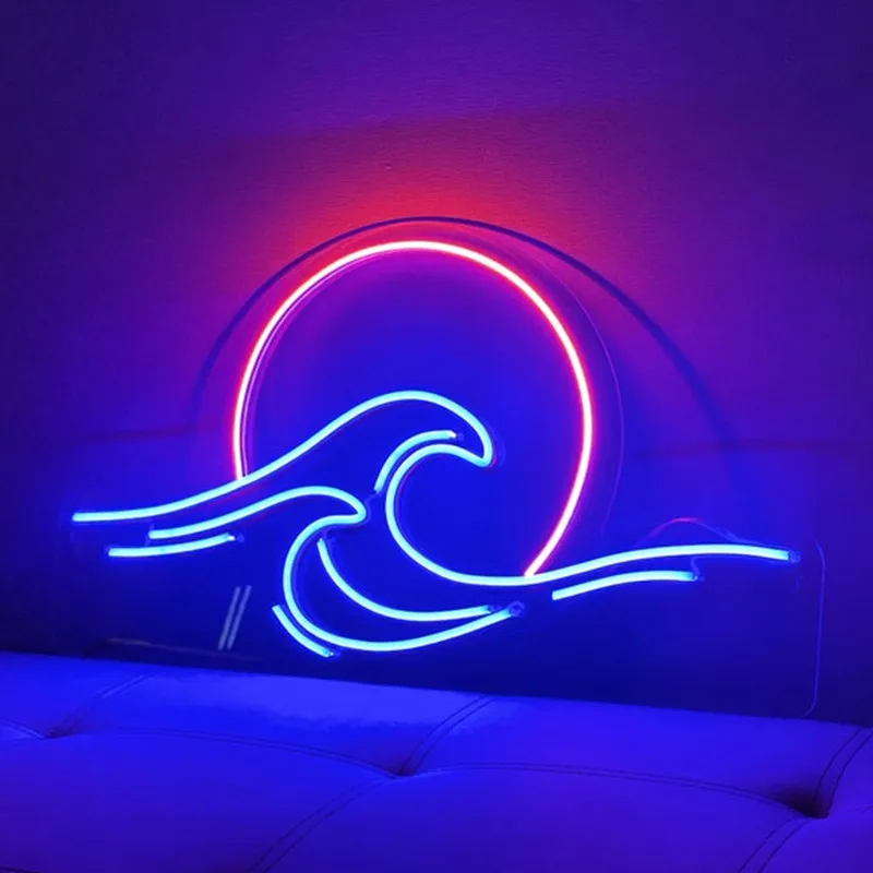 Неоновая светодиодная вывеска восход и закат над морем неоновая солнечная волна
