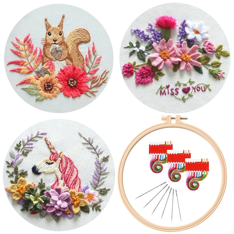 

3 Pcs Spring Embroidery Starter Kit, 1 Hoop, Embroidery Clothes with Pattern, Color Threads and Tools, English Instructions
