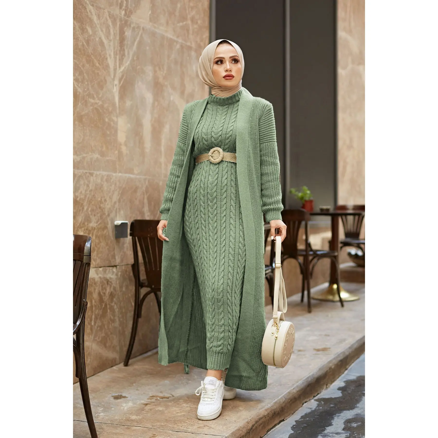 Muslim Women's 2 Piece Winter Dress Set Thick and Chunky Long Cardigan and Turtleneck Embroidered Long Thick Dress Abaya Kaftan