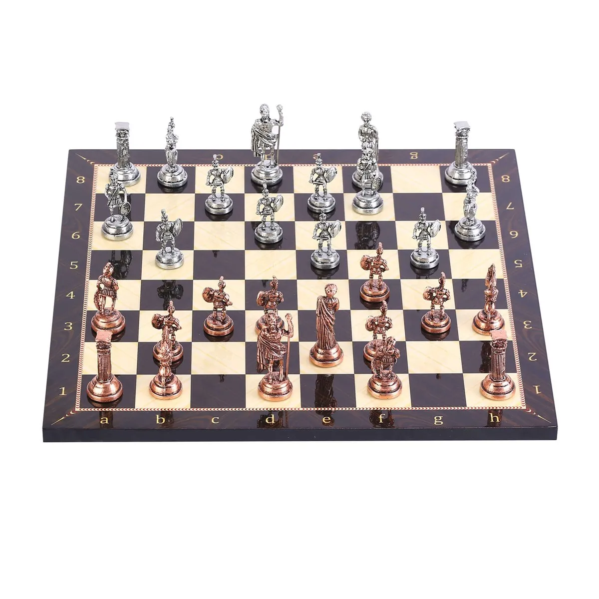 

Historical Antique Copper Rome Figures Metal Chess Set, Handmade Pieces, walnut Patterned Wood Chess Board Small Size King 4.8cm