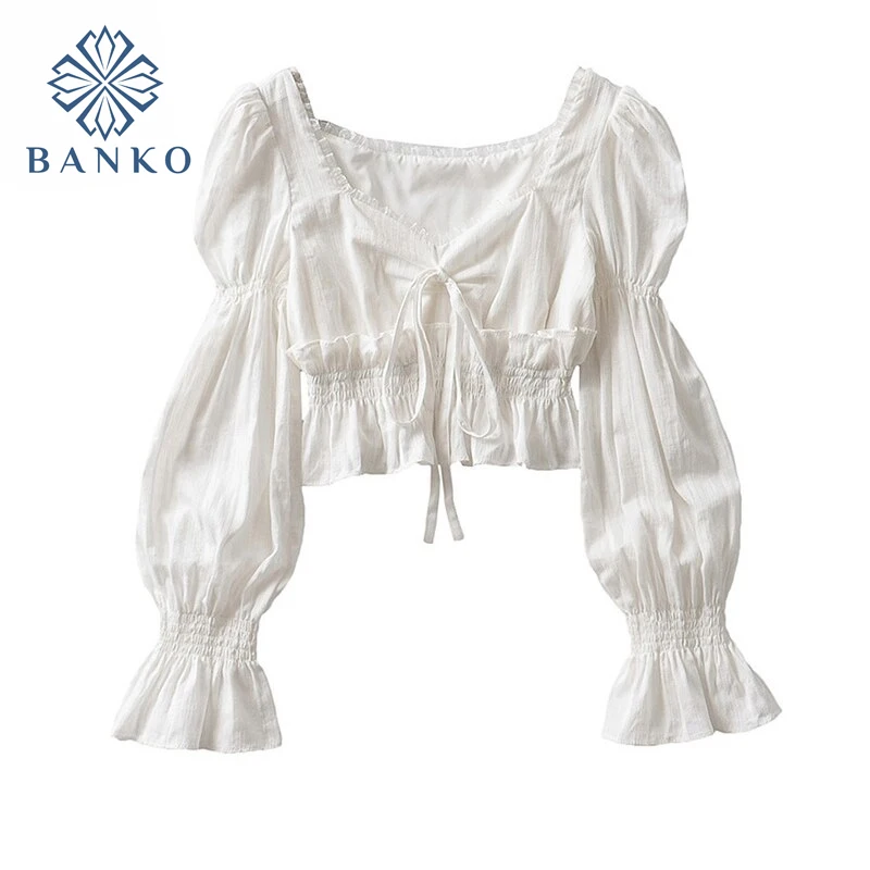 

French Pleated Lantern Long Sleeve Shirt For Women's 2021 Spring And Autumn New Vintage White Square Collar Blouse Tops Female