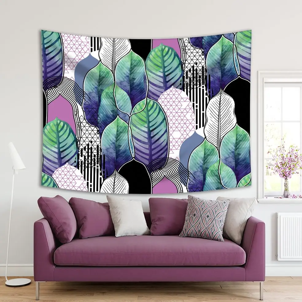 

Tapestry Exotic Heliconia Leaves and Geometric Shapes in Line Modern Watercolor Style Graphic Art Purple Green Pink