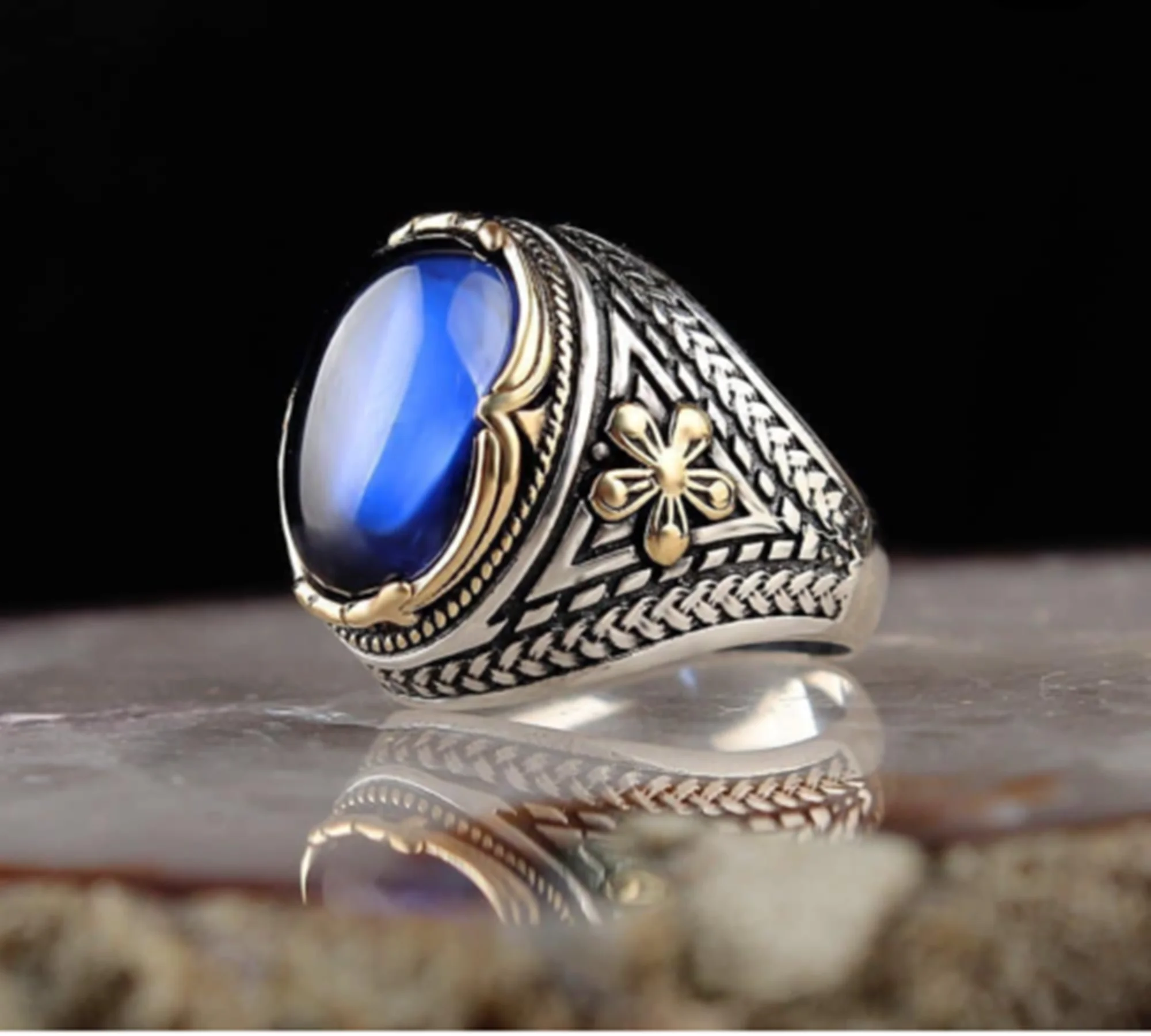 

Silver Men's ring 925 sterling Turkish Handmade jewelry Blue Sapphire stone all size