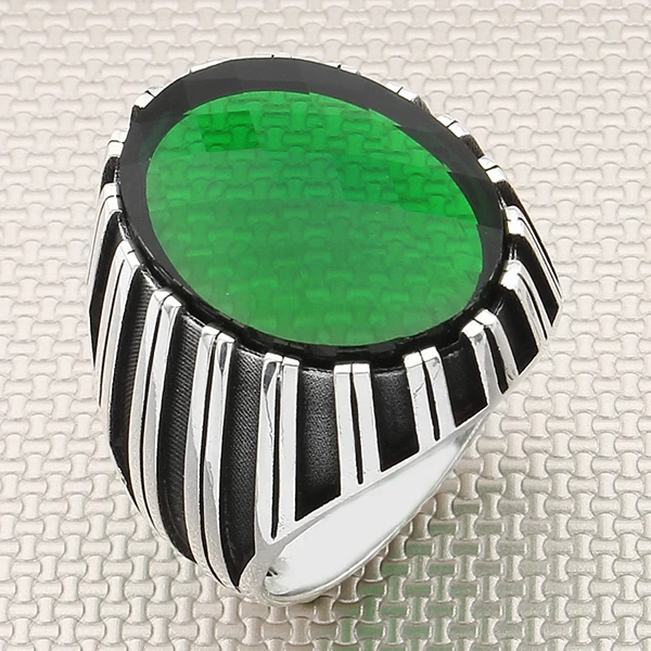 

Flat Linear Design Green Oval Zircon Gemstone Men 925 Sterling Silver Ring Jewellery Handmade Natural Gemstone Men Silver Ring