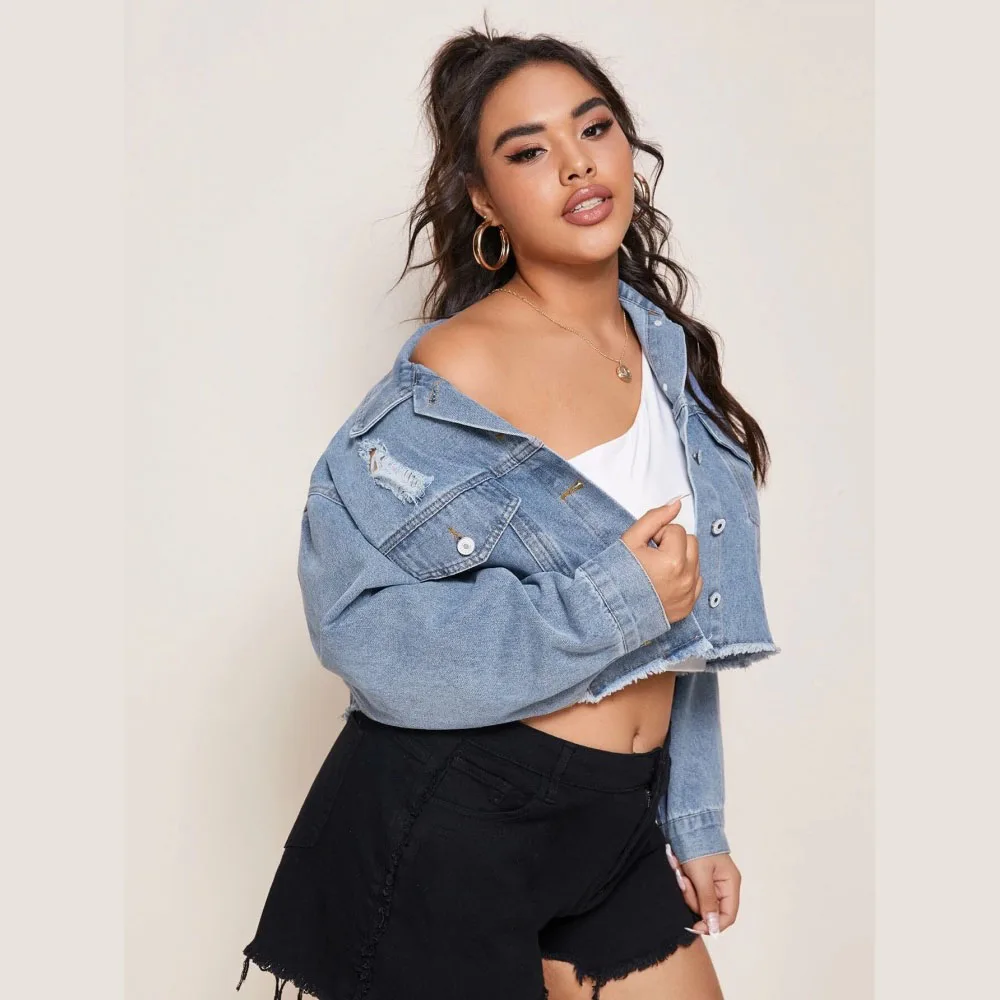 

Oversized Denim Jacket Coats Women Hole Fashion Solid Casual Female Coat Long Sleeve Plus Size Outerwear Loose Blue Jean Jackets
