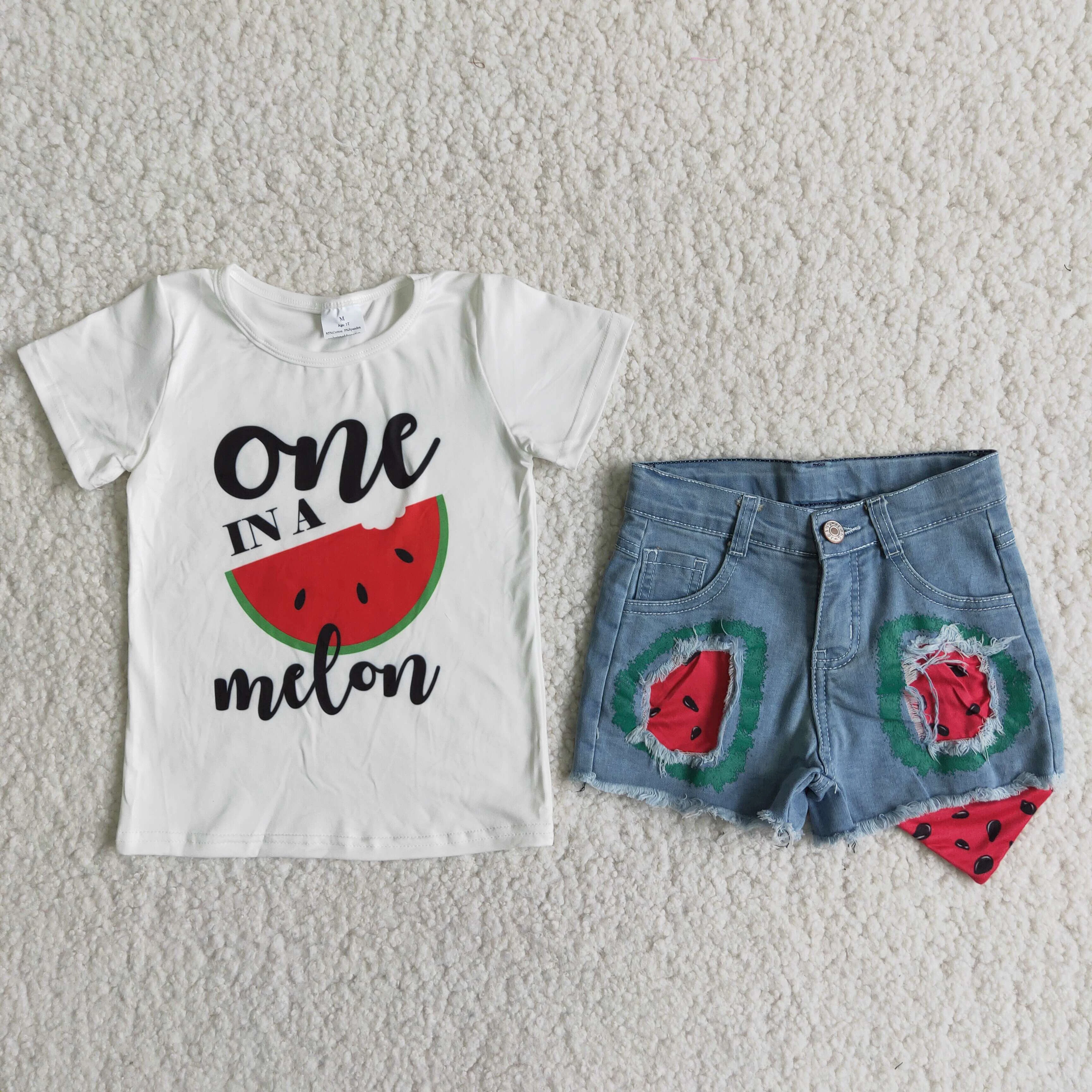 

High quality IN A Red Watermelon Girl Regular T-shirt Milk Silk Top Belt Ripped Fringe Denim Shorts Summer Clothes