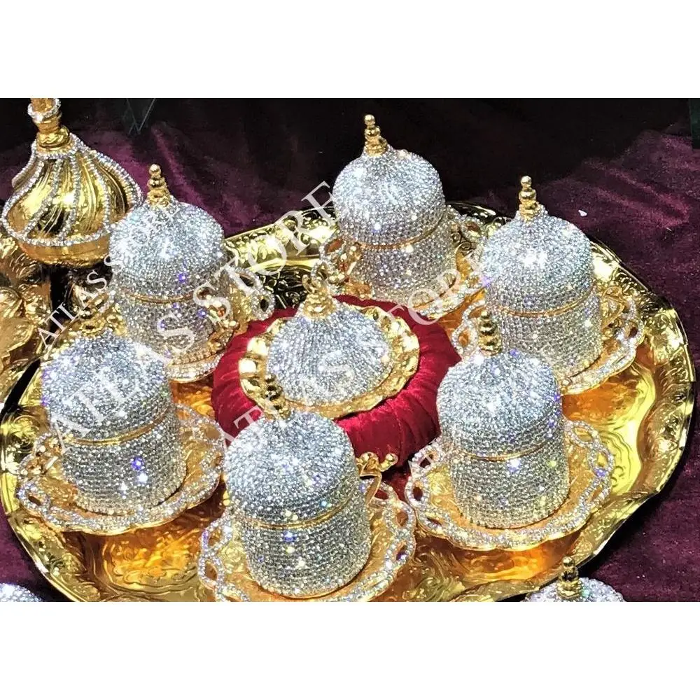 

WONDERFUL 6 person coffee set crystals and beads silver n gold color porcelain style 2