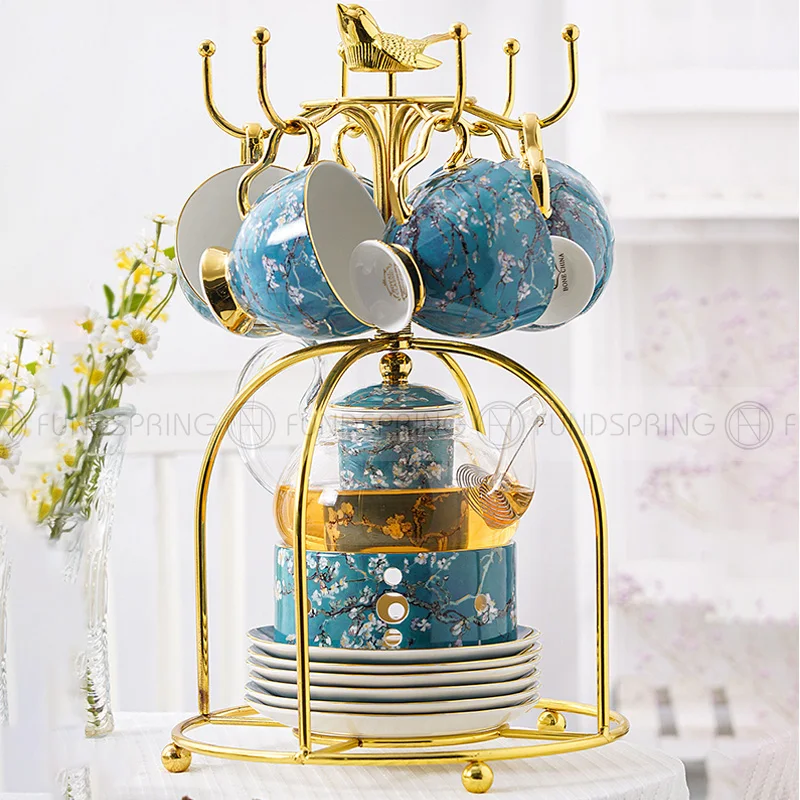 

European-style Ceramic Tea Set Bone China Teapot Candle Holder Cups And Saucers Set Of 15 Blue