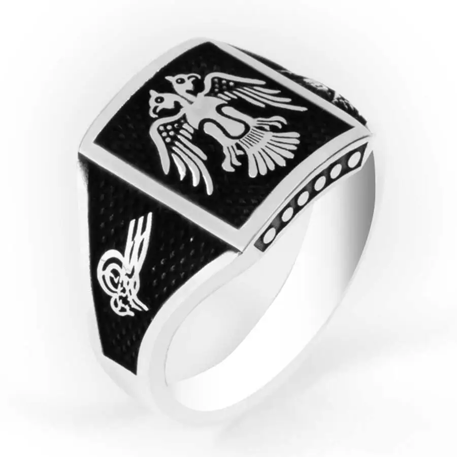 

Men Handmade Silver Ring With Black Ottoman Tugra Flag Animal Eagle Motif, Seljuk Empire Ring, Solid 925 Sterling Silver