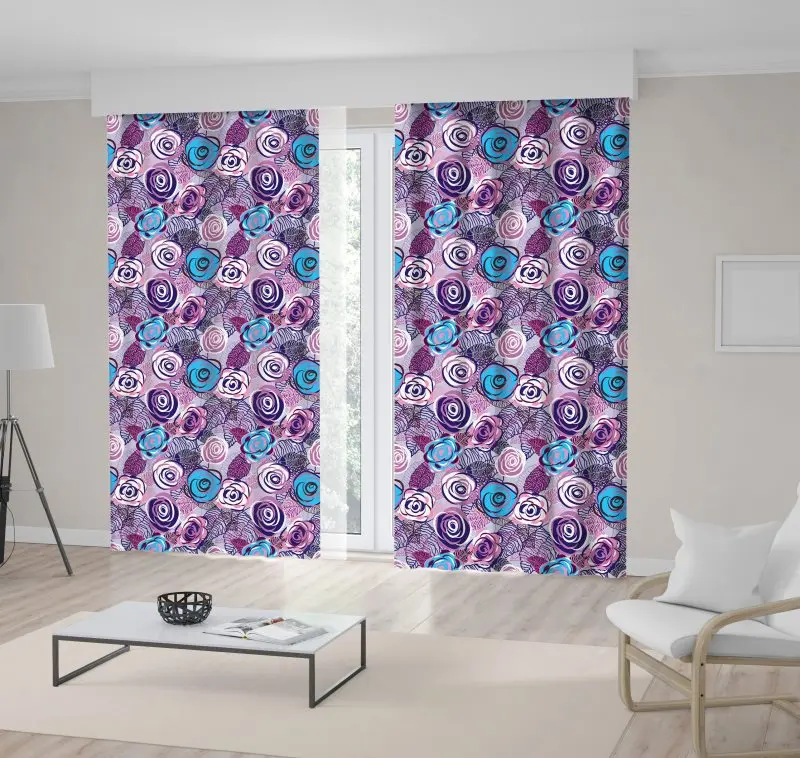 

Curtain Roses Flowers Leaves Modern Creative Monochrome Artwork Printed Lilac Purple Blue