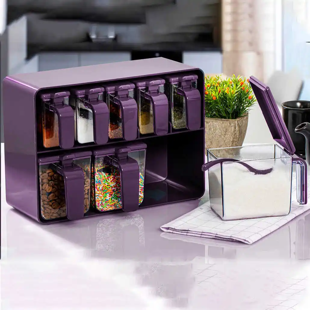 

Acrylic 8 Piece Spice Set different color options with modern kitchen storage boxes