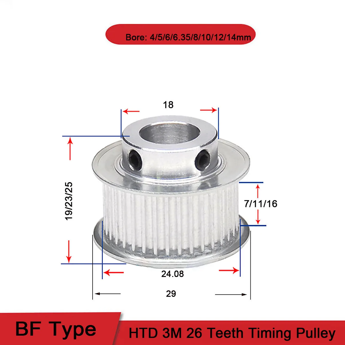 

26 Teeth HTD 3M BF Type Synchronus Pulley Bore 4 5 6 6.35 8 10 12 14mm Aluminium Timing Pulley For Width 6 10 15mm Timing Belts