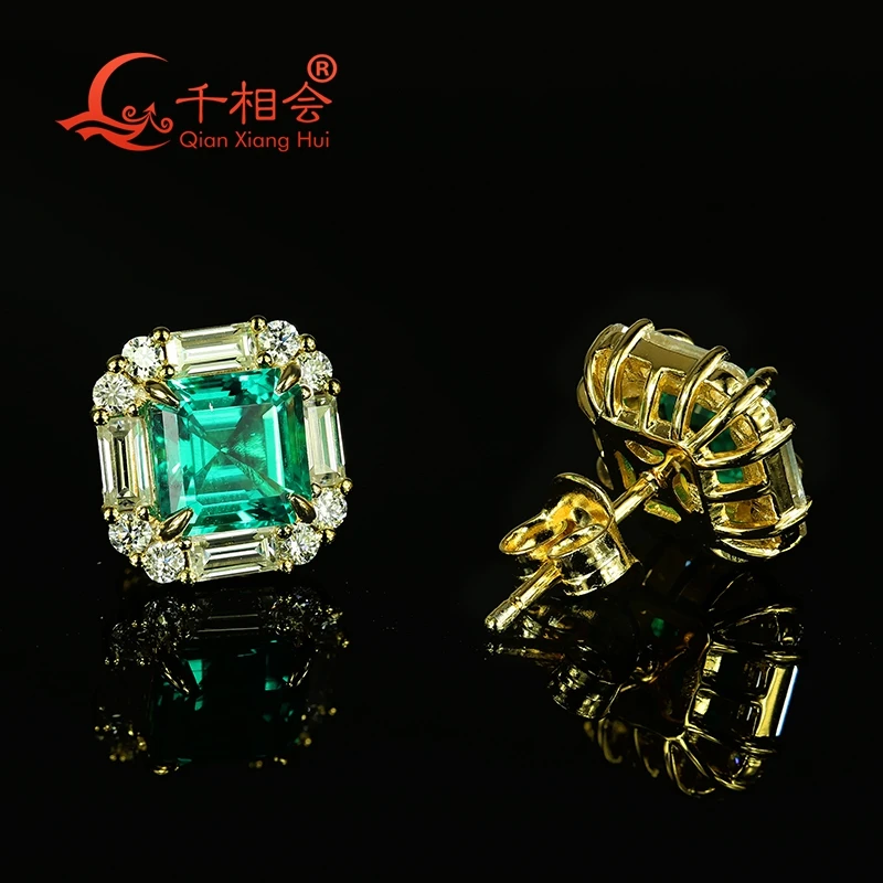 14k and 18k yellow real gold  emerald 7*7mm asscher lab Emerald  Moissanite studs earring screw back jewelry weddding