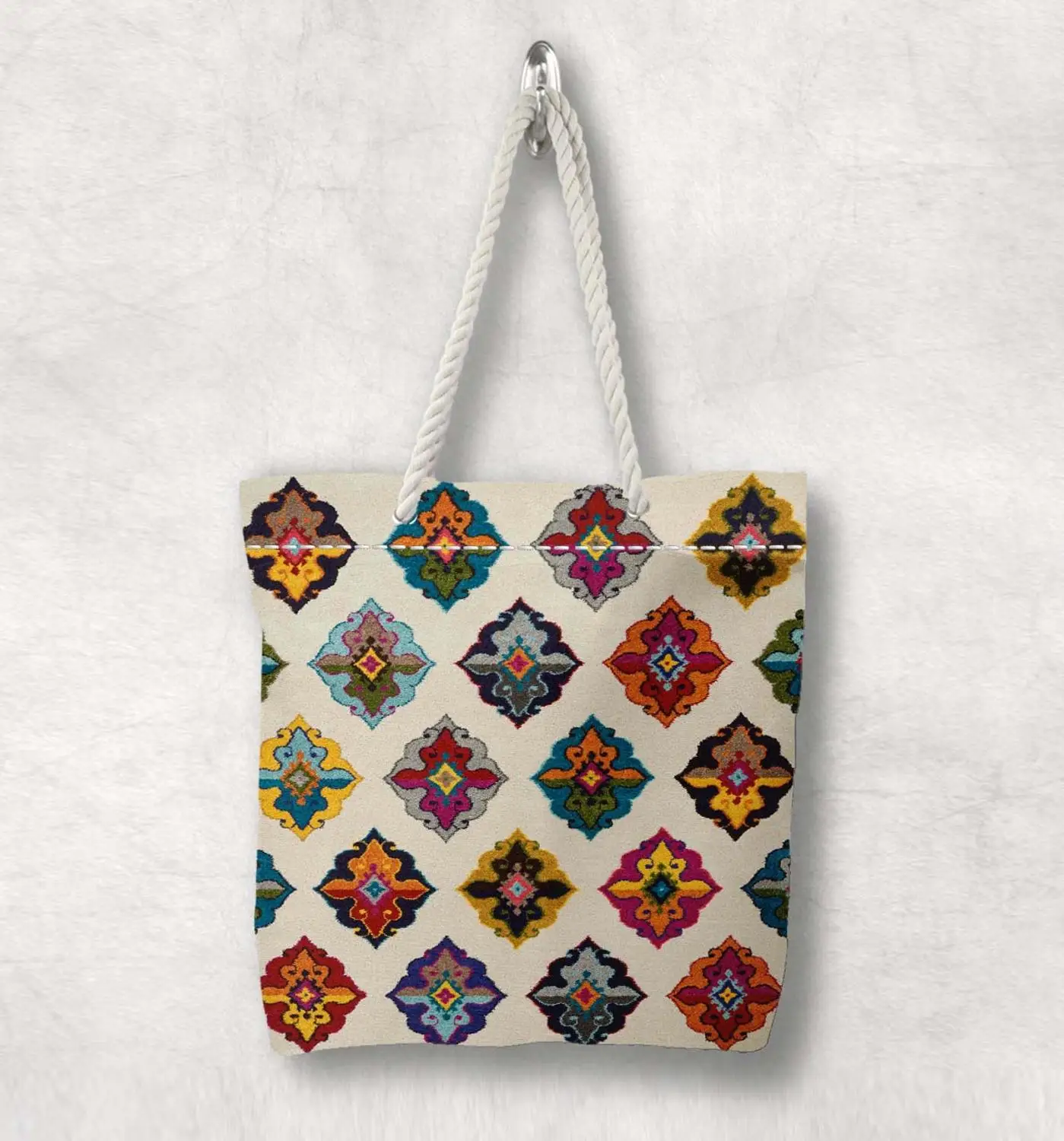 

Else Colored Tiles Turkish Kilim Design New Fashion White Rope Handle Canvas Bag Cotton Canvas Zippered Tote Bag Shoulder Bag