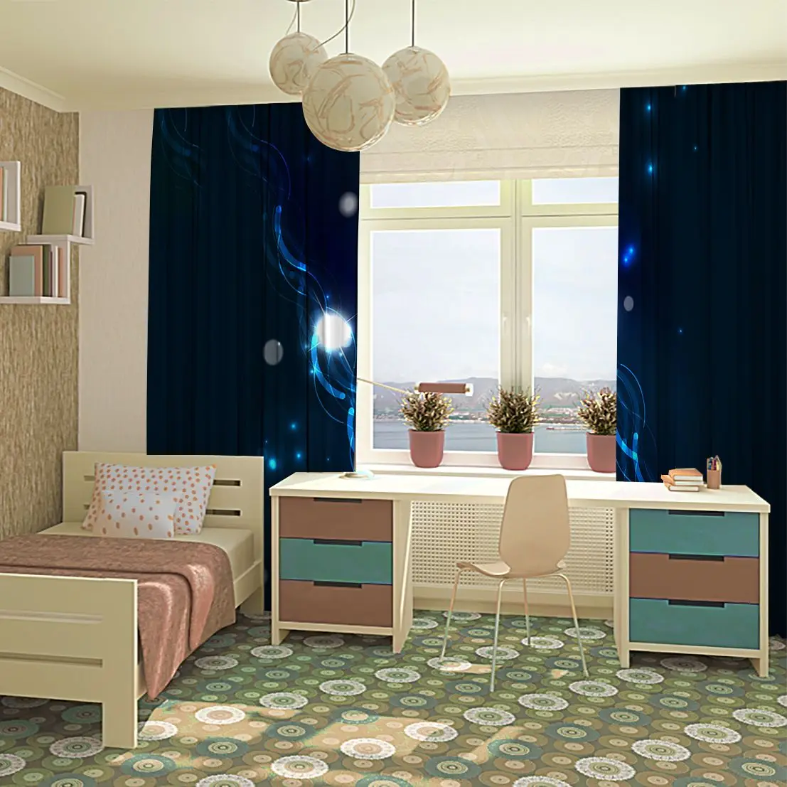 Satılık Curtain Abstract Glowing Curvy Lines In Dark Space With Stars Futuristic Wave Digital Artwork Blue White