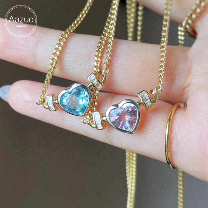 

Aazuo Real 18K Yellow Gold Jewelry Natural Aquamarine Pink Morgan Real Diamond Heart Shpae Necklace Cuban Chain Gifted for Women