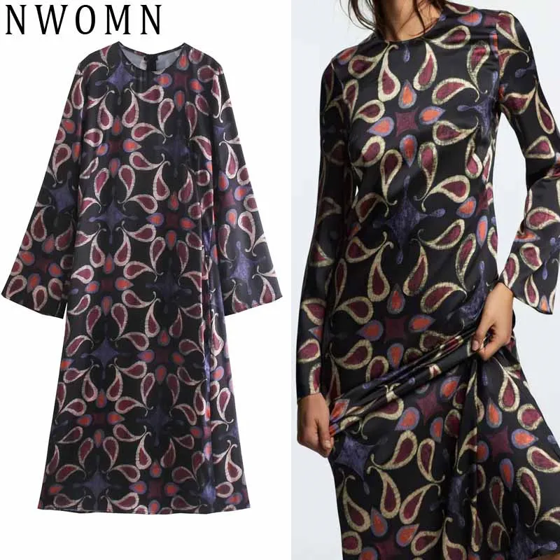 

Za 2021 Print Long Dress Women Vintage Long Sleeve Dress Woman Straight Loose Midi Dresses Autumn Fashion O Neck Casual Dresses