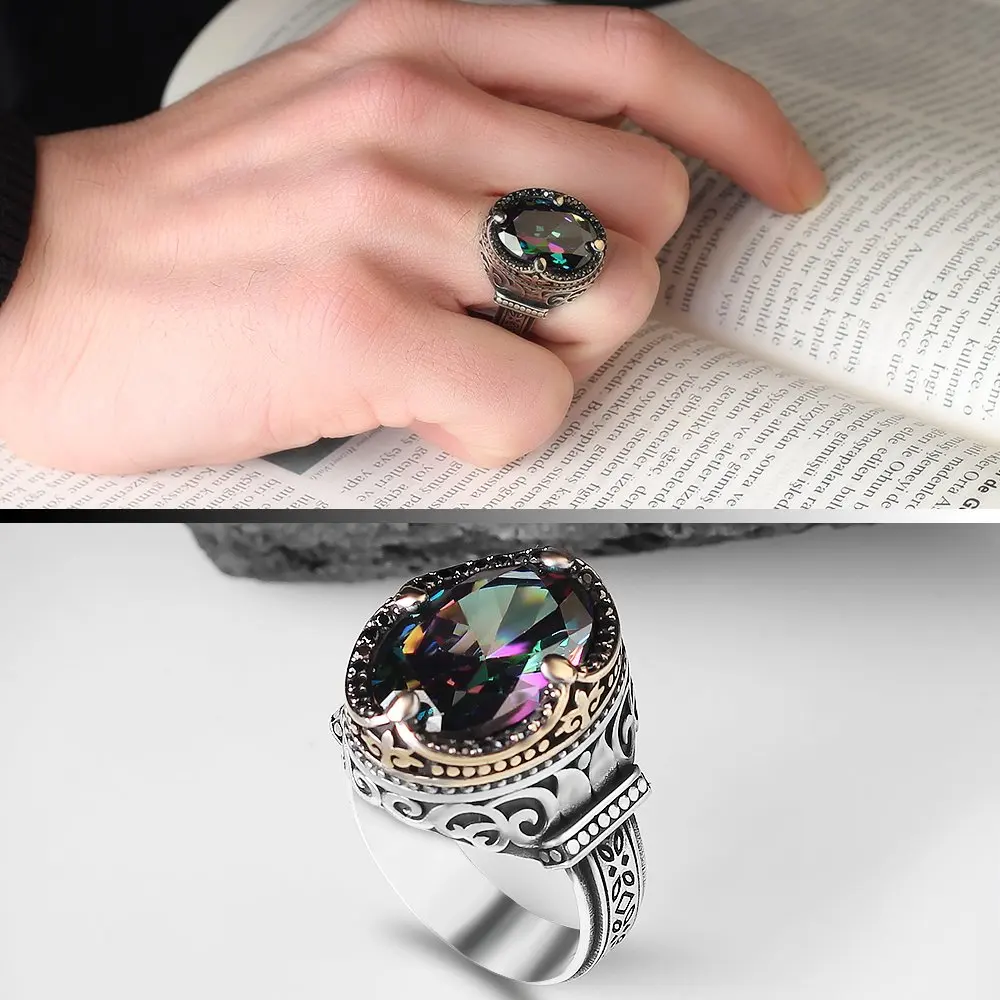 925 Sterling Silver Ring Gothic Original Natural Alexandrite And Blue Topaz Stone For Men's Handmade Turkish Jewelry