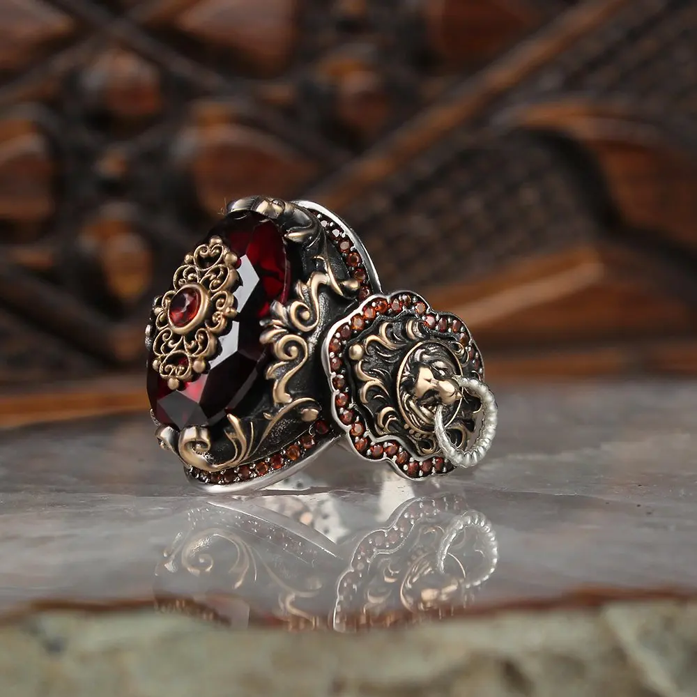 

925 Sterling Silver Ring for Men Red Natural Zircon Stone Jewelry Fashion Vintage Gift Onyx Aqeq Mens Rings All Size