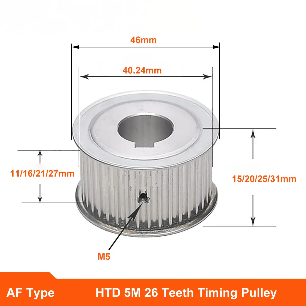 

HTD 5M 26 Teeth Timing Pulley Synchronus Wheel AF Keyway Bore Aluminium Idler Pulley Tooth Width 11 16 21 27mm