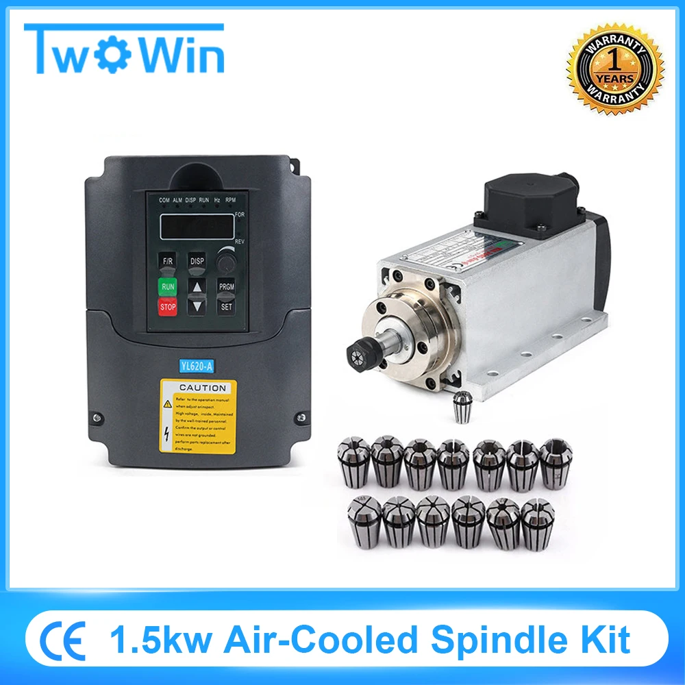 New CNC 1.5kw 220V/110V Air-Cooled Spindle Kit 1500W Square Air Cooling Spindle Motor + 1.5KW VFD Inverter + 13pcs/Set ER11