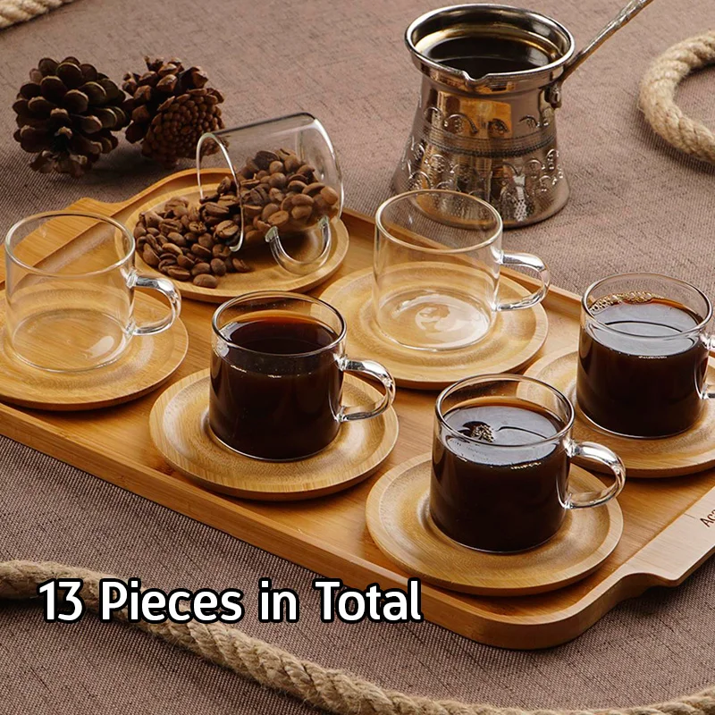 

Glass Coffee Cup Creative Cups Set and Porcelain Saucers European Style 80 ml Cups Home Kitchen Accessories Drinkware Coffee Mugs High Quality Set with Bamboo coffee Tray