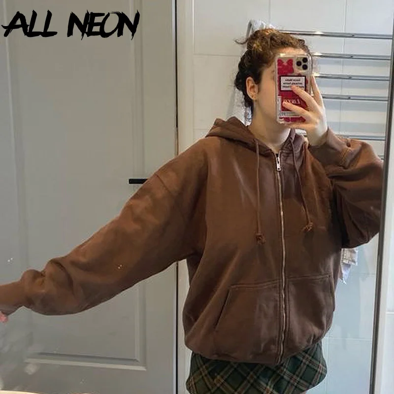 

ALLNeon Indie Aesthetics Vintage Solid Zipper Front Oversized Hoodies 90s Fashion Long Sleeve Brown Sweatshirts With Pockets