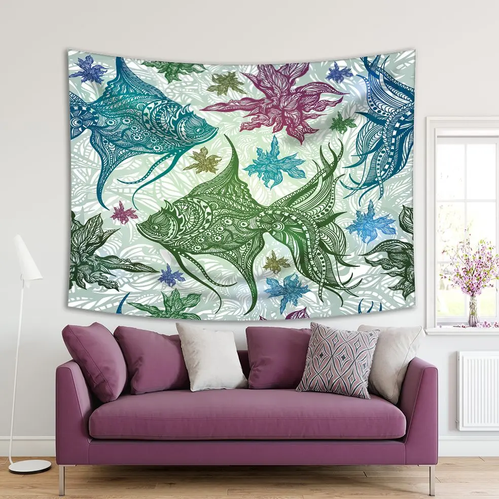 

Tapestry Fish Abstract Underwater Wild Life Tropical Nature Vintage Style Artwork Green Blue Purple
