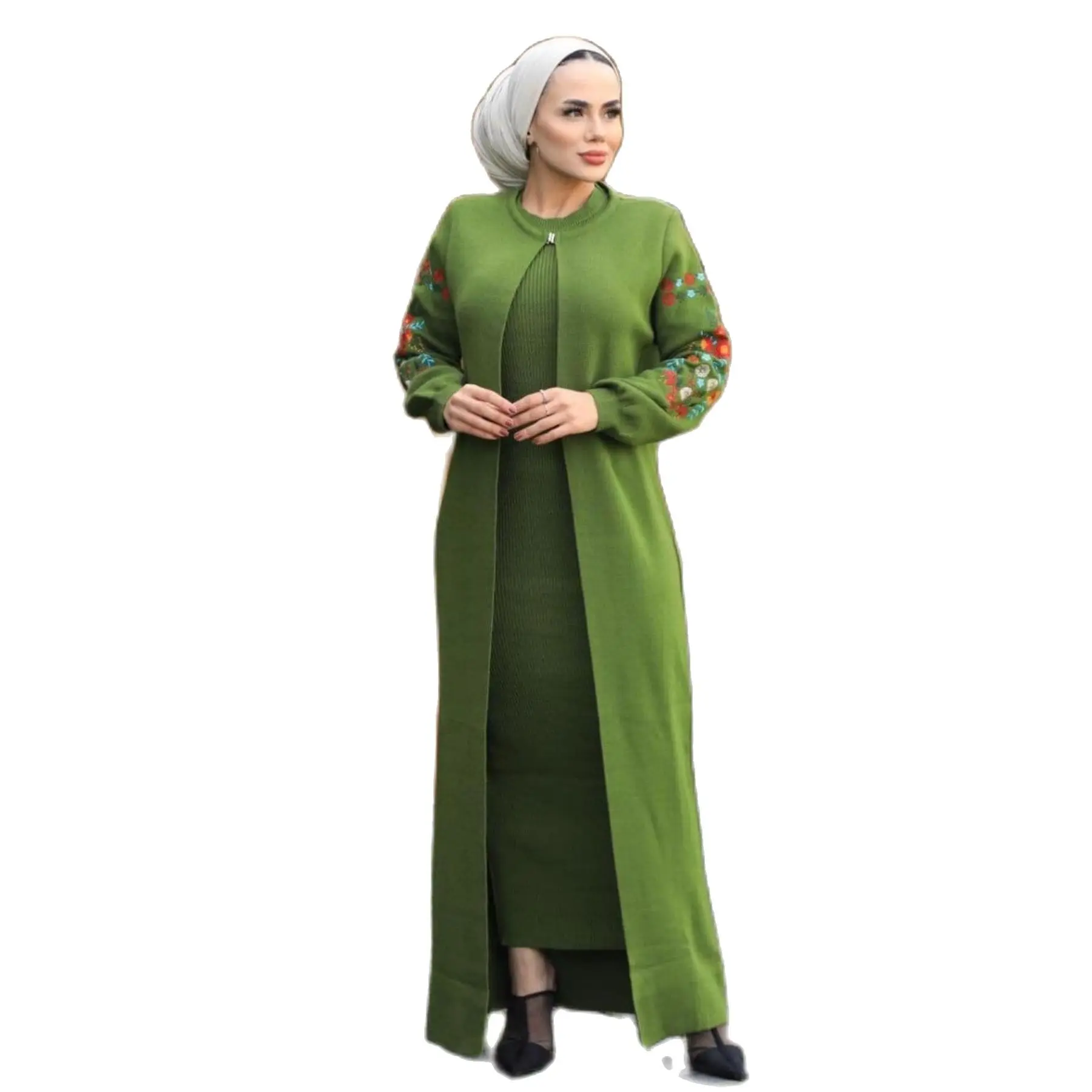 2 Piece Women's Set Embroidery Patterned Knitwear Maxi O-Neck Flower Pattern Sleeved Dress and Maxi Cardigan Long Sleeve Turkey