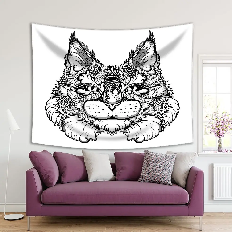 

Tapestry Cat Lynx Head Wild Nature Animal World Decorative Zentangle Printed Black White