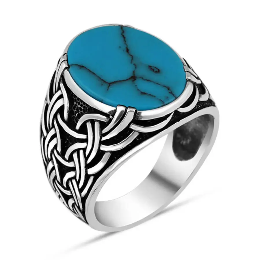 

Men Silver Ring With Round Blue Raw Turquoise Stone With Chain Motif Made In Turkey Solid 925 Sterling Silver