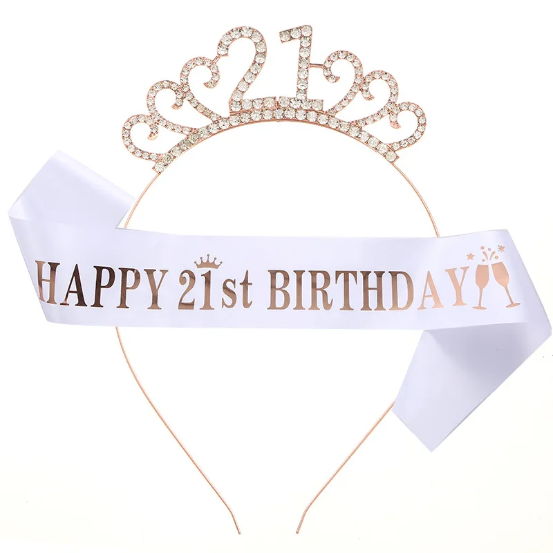 

16th 18th 21st 30th 40th Birthday Sash and Crown Tiara Rhinestone Headband for Girls Women Birthday Party Supplies Favor Gifts
