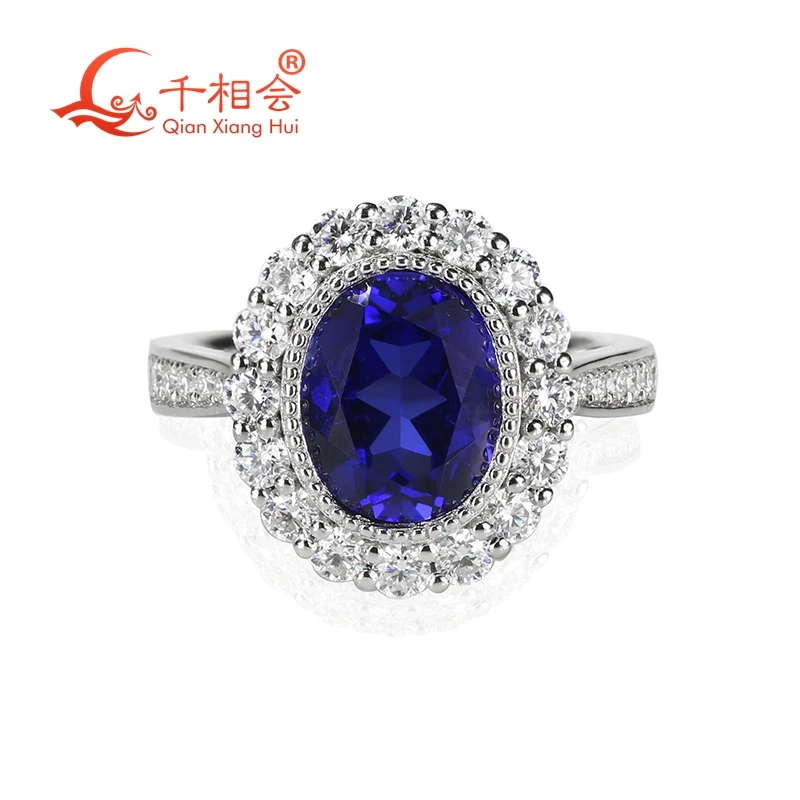 8x10 мм Овальный сапфировый камень с маленьким белым моиссанитовым кольцом